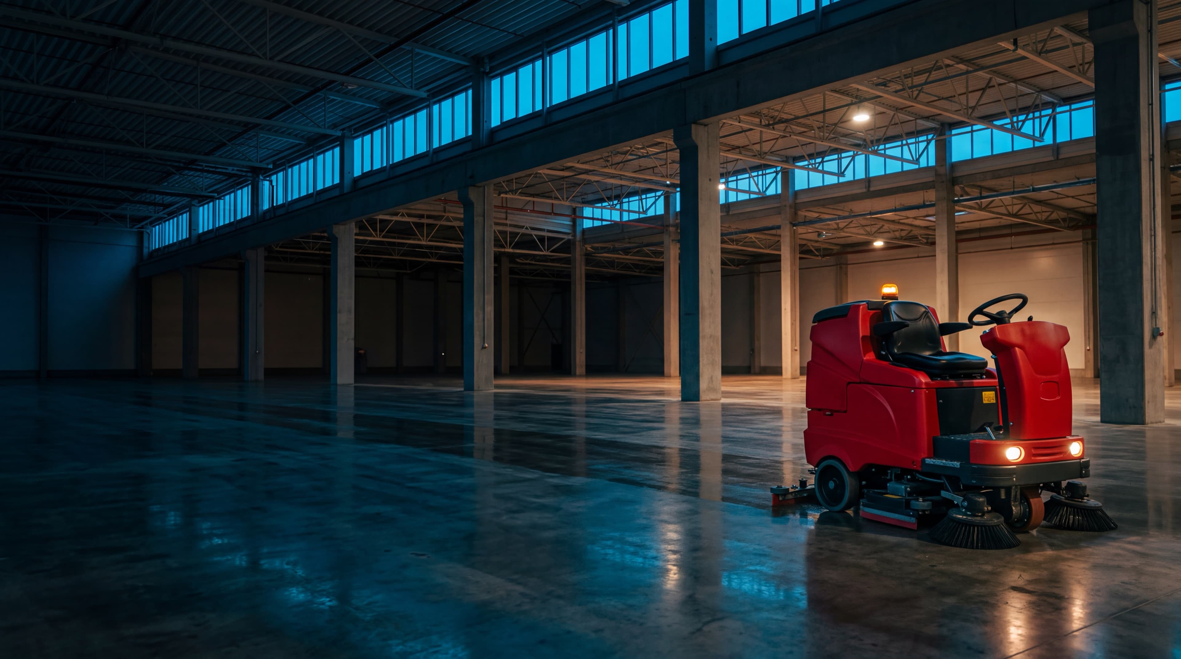 RCM TERA Scheuersaugmaschine in einer Industriehalle zur blauen Stunde